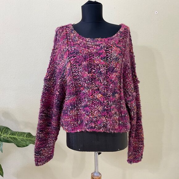 Free People sweater Women's Size S/P Purple Chunky Cable-Knit Wool Blend LS - Picture 1 of 11